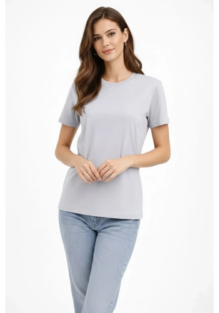 Kadın Bisiklet Yaka Tişört  Regular Kalıp Basic Pamuklu  Günlük Kullanım  T-shirt - Gri