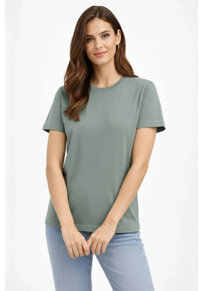 Kadın Bisiklet Yaka Tişört Regular Kalıp Basic Pamuklu Günlük Kullanım T-shirt - Mint Yeşili