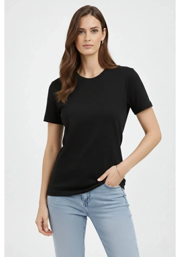 Kadın Bisiklet Yaka Yazlık Kısa kol Düz Tişört Regular Kalıp T-shirt - Siyah