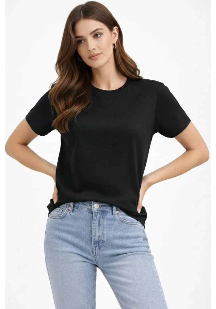 Kadın Bisiklet Yaka Yazlık Kısa kol Düz Tişört Regular Kalıp T-shirt - Siyah