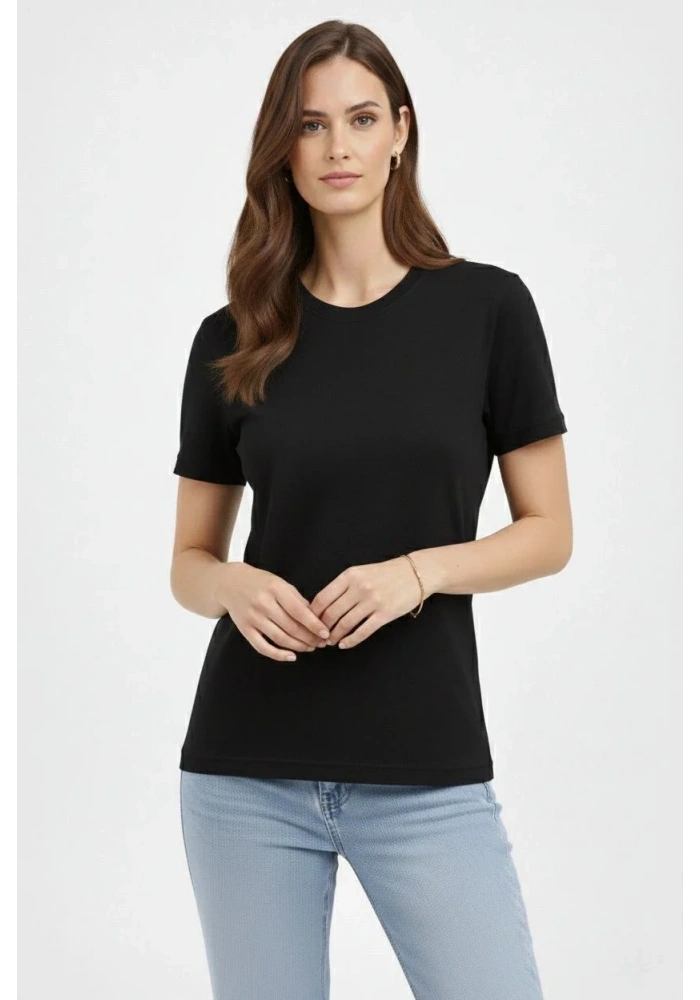 Kadın Bisiklet Yaka Tişört Regular Kalıp Basic Pamuklu Günlük Kullanım T-shirt - Siyah