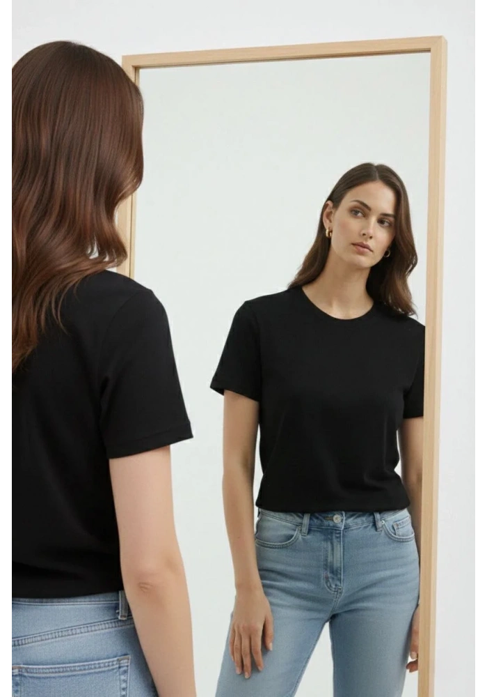 Kadın Bisiklet Yaka Yazlık Kısa kol Düz Tişört Regular Kalıp T-shirt - Siyah