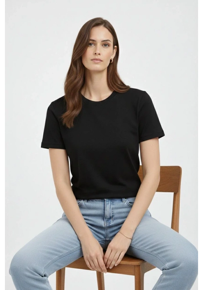 Kadın Bisiklet Yaka Yazlık Kısa kol Düz Tişört Regular Kalıp T-shirt - Siyah