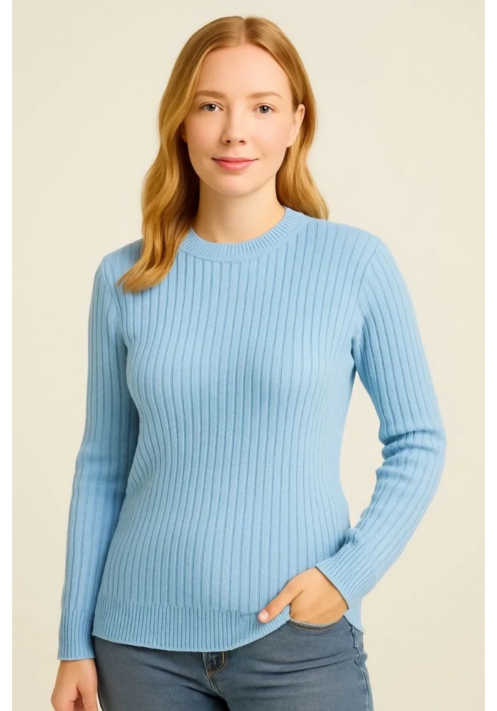 Kadın Bisiklet Yaka Triko Kazak Pamuklu Kalın Fitilli Dokuma - Bebe Mavisi