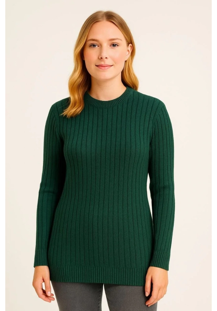 Kadın Bisiklet Yaka Triko Kazak Pamuklu Kalın Fitilli Dokuma Regular Fit - Haki