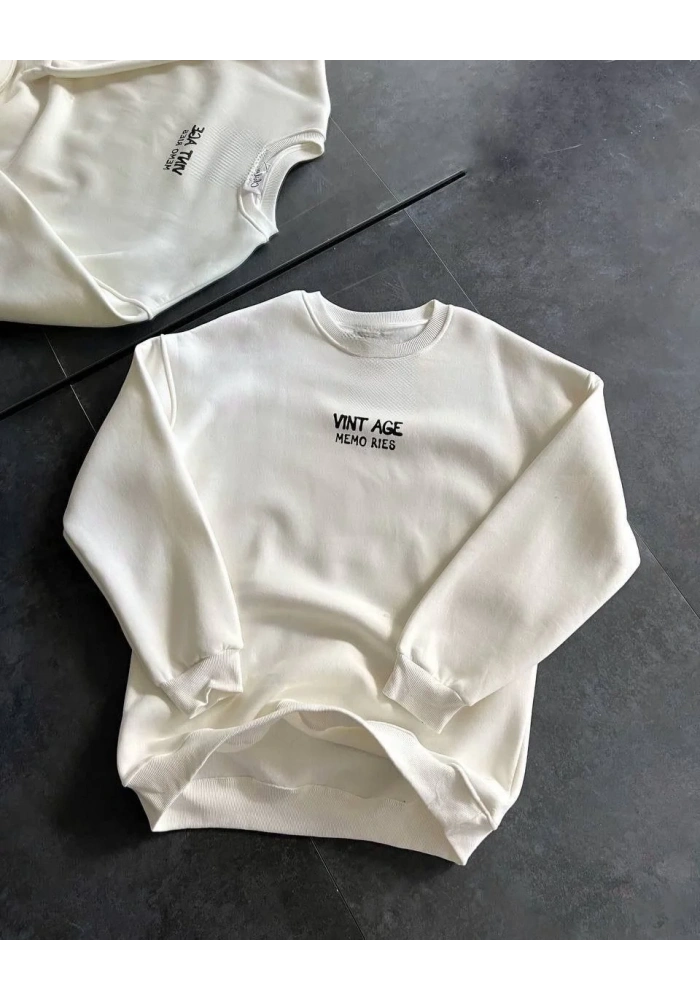 Kadın Bisiklet Yaka 3 İplik Baskılı Oversize SweatShirt - Beyaz