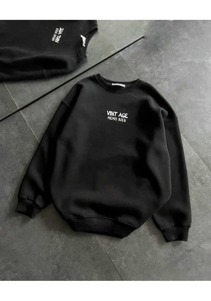 Kadın Bisiklet Yaka 3 İplik pamuklu Baskılı Oversize SweatShirt - Siyah
