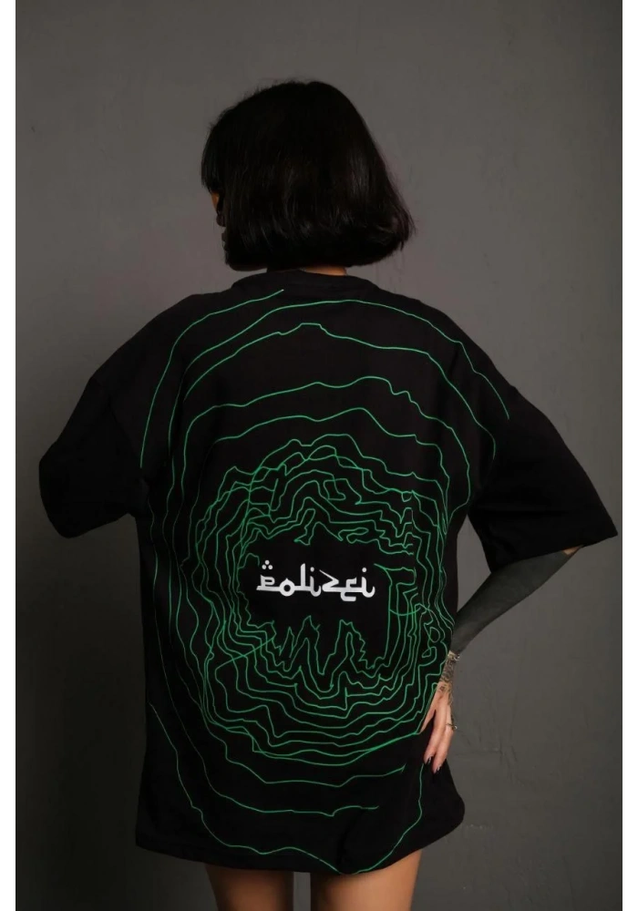 Kadın Bisiklet Yakalı Sırt Baskılı Oversize T-Shirt - Siyah