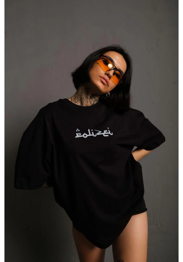 Kadın Bisiklet Yakalı Sırt Baskılı Oversize T-Shirt - Siyah