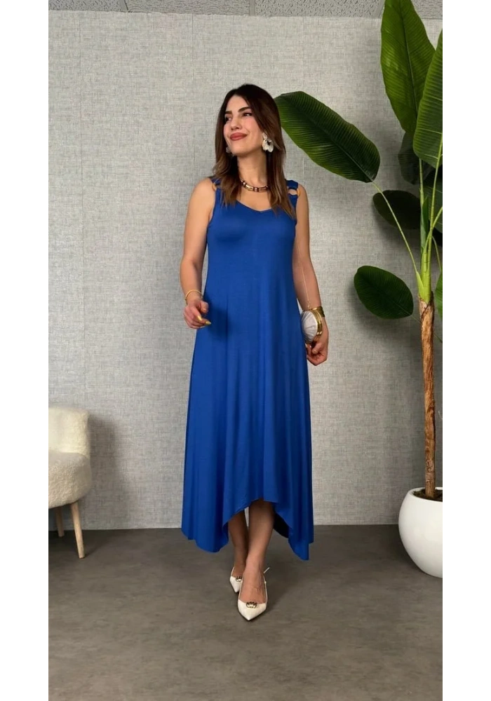 Kadın çan Dokuma Kumaş V Yaka Asimetrik Kesim Elbise