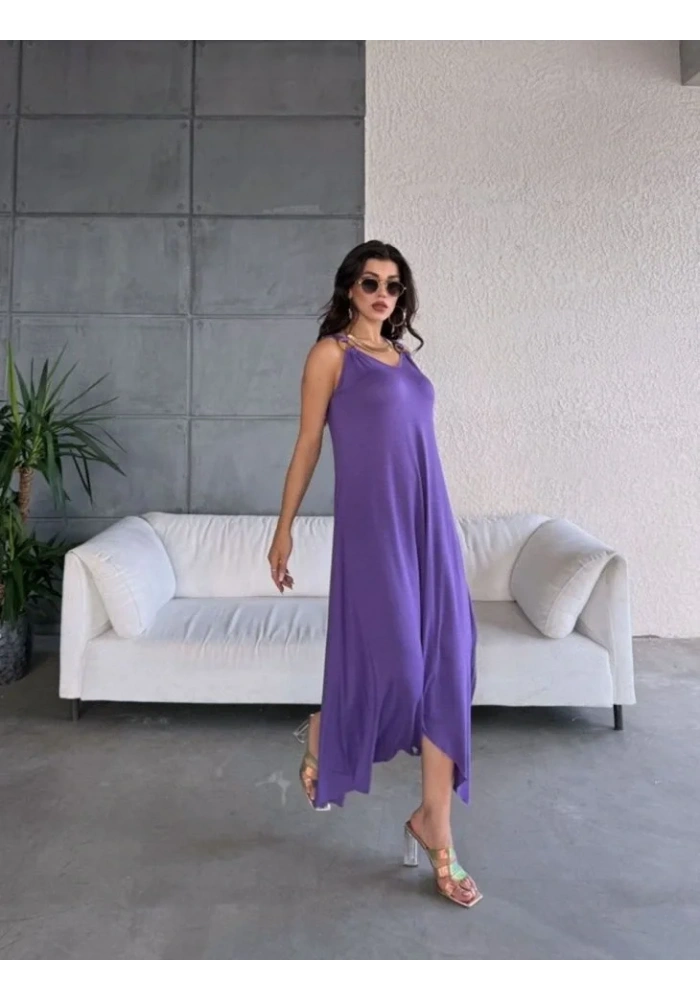 Kadın çan Dokuma Kumaş V Yaka Asimetrik Kesim Elbise