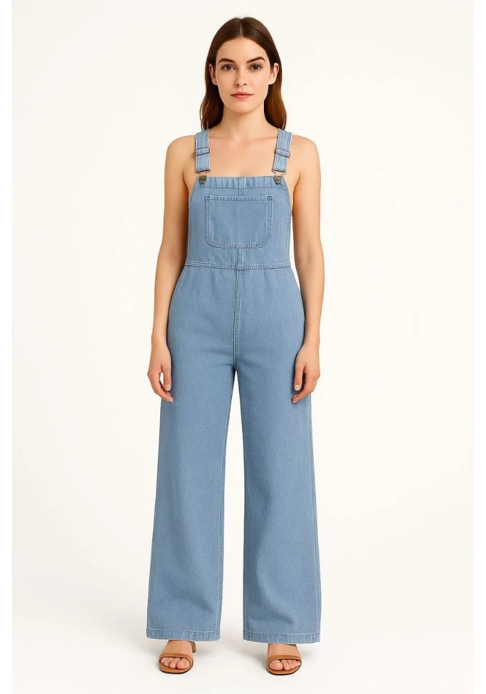 Kadın Chambray Açık Mavi Denim Görünümlü Geniş Paça Salopet Tulum - Mavi