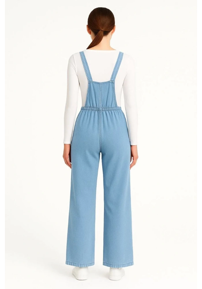 Kadın Chambray Açık Mavi Denim Görünümlü Geniş Paça Salopet Tulum - Mavi