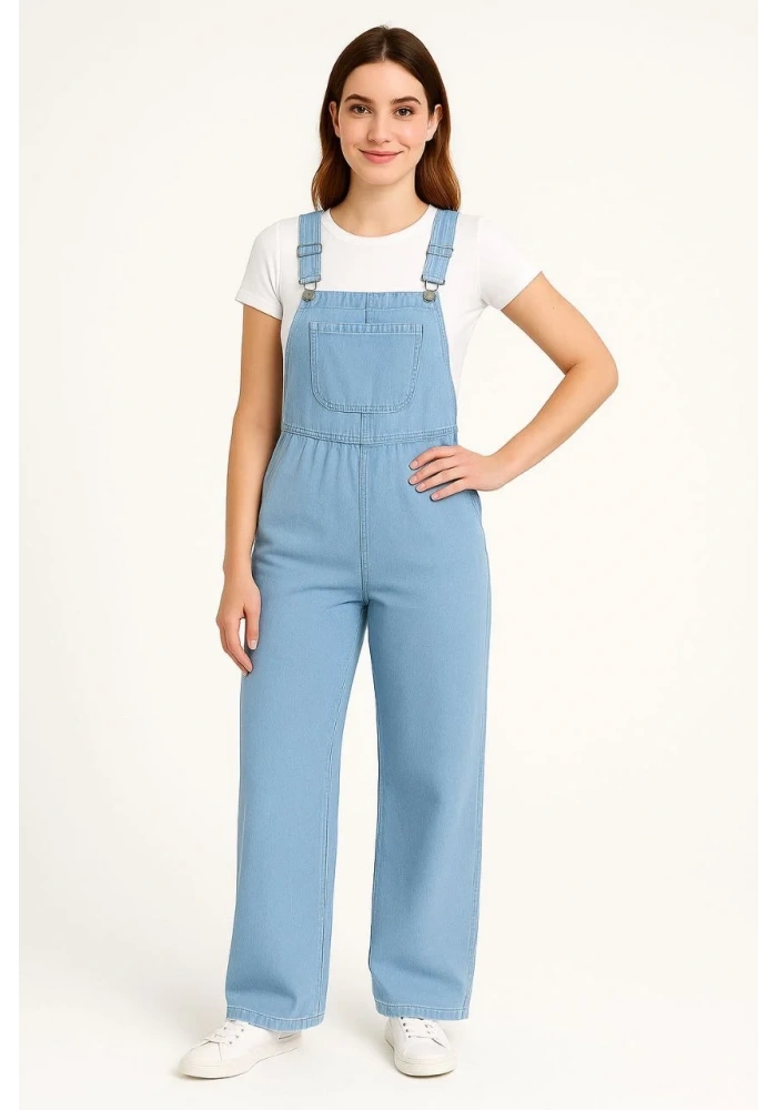 Kadın Chambray Açık Mavi Denim Görünümlü Geniş Paça Salopet Tulum - Mavi