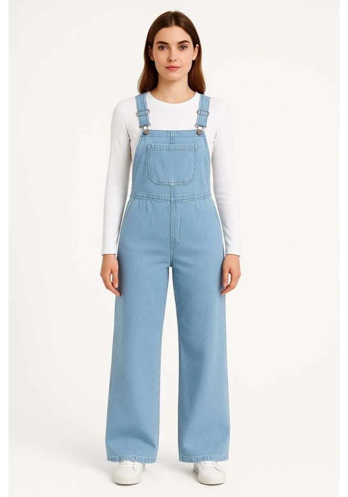 Kadın Chambray Açık Mavi Denim Görünümlü Geniş Paça Salopet Tulum - Mavi