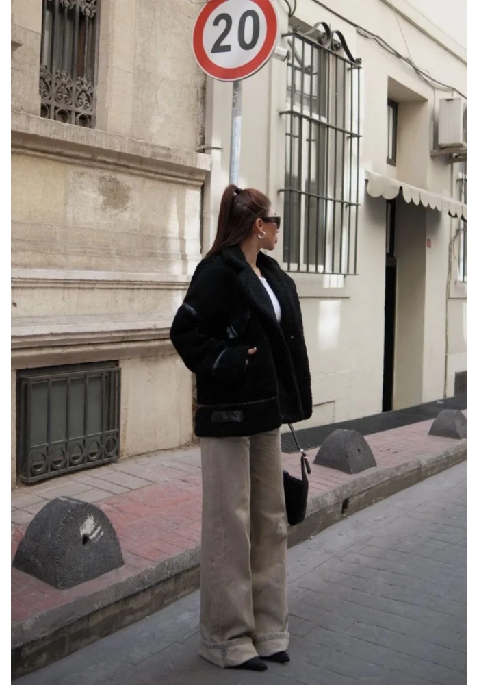 Kadın Cıt Cıt Detaylı Peluş Şık Mont Ceket - Siyah