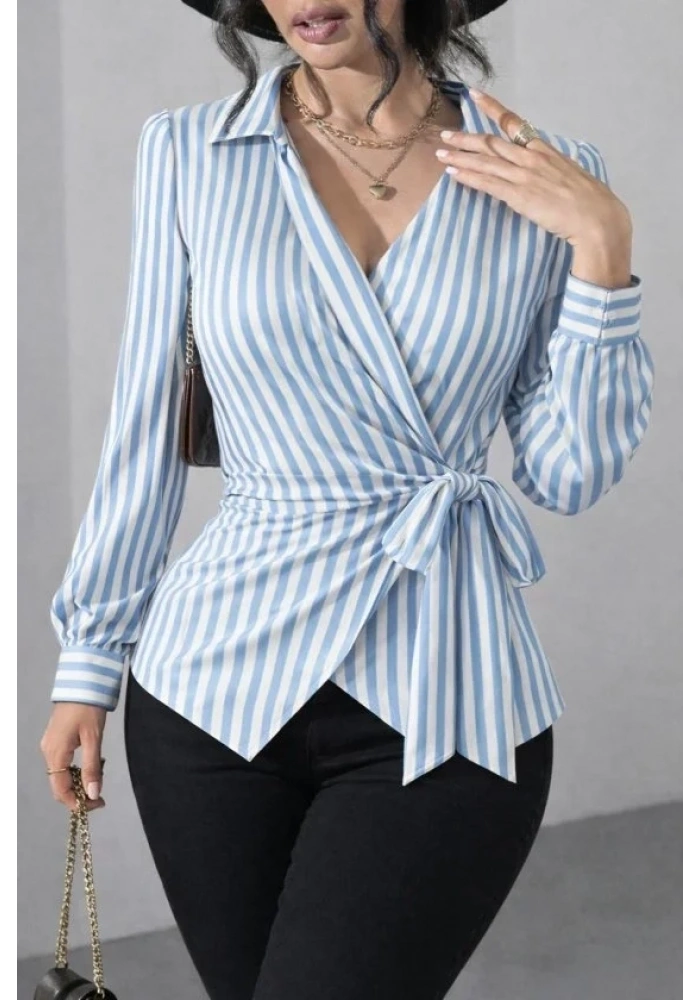 Kadın çizgili Kruvaze Bağlamalı Gömlek