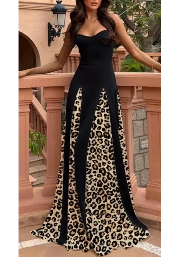 Kadın Dalgıç Kumaş Leopar Desenli Kloş Elbise