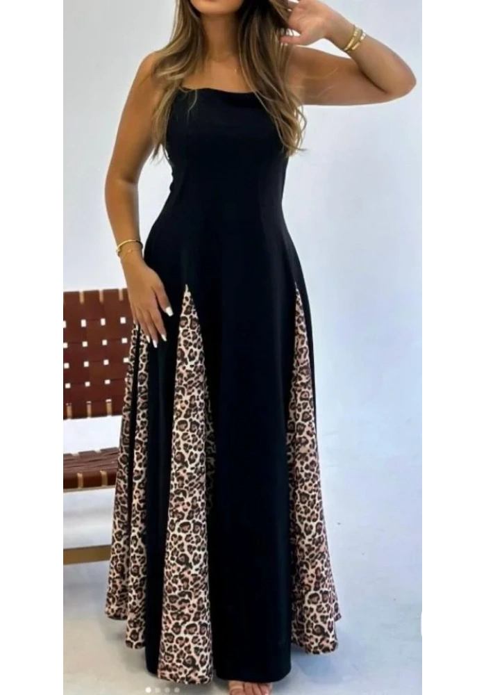 Kadın Dalgıç Kumaş Leopar Desenli Kloş Elbise