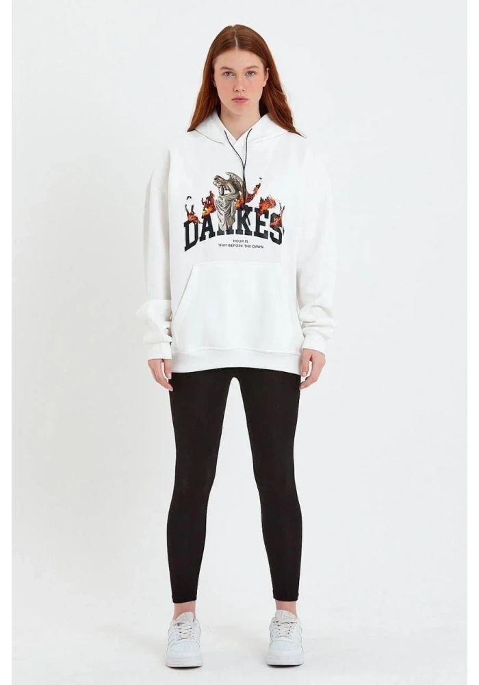 Kadın Oversize Kapüşonlu Cepli Baskılı 3 İplik Pamuklu Hoodie Sweatshirt - Beyaz