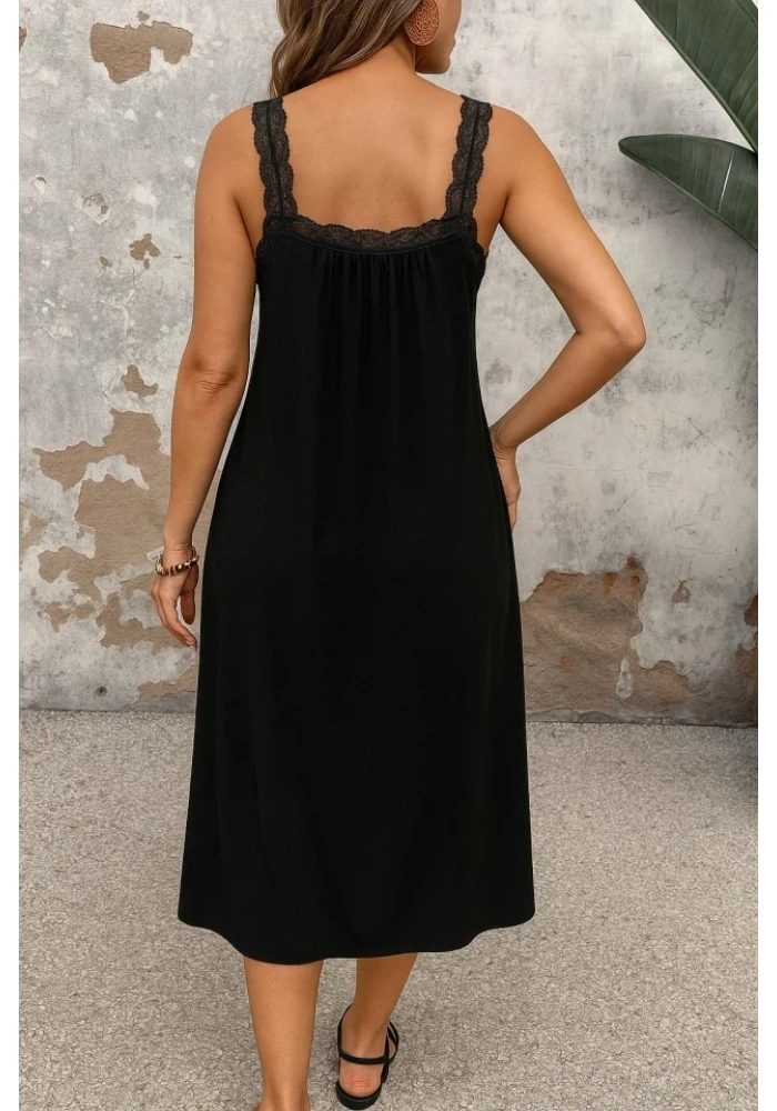 Kadın Dantel Askılı Kare Yakalı Uzun Viskon Elbise