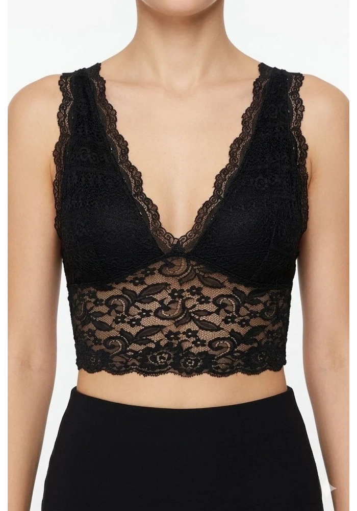 Kadın Dantel Bralet Crop Sütyen V Yaka Askılı Şık Esnek Rahat - Siyah
