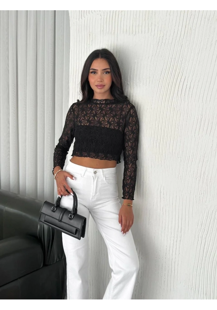 Kadın Dantel Uzun Kol Bluz- Siyah