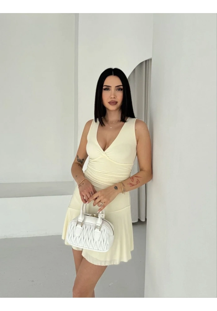 Kadın Derin V Yaka Sırt Dekolteli Mini Elbise Drapeli Şık Kolsuz - Açık Sarı