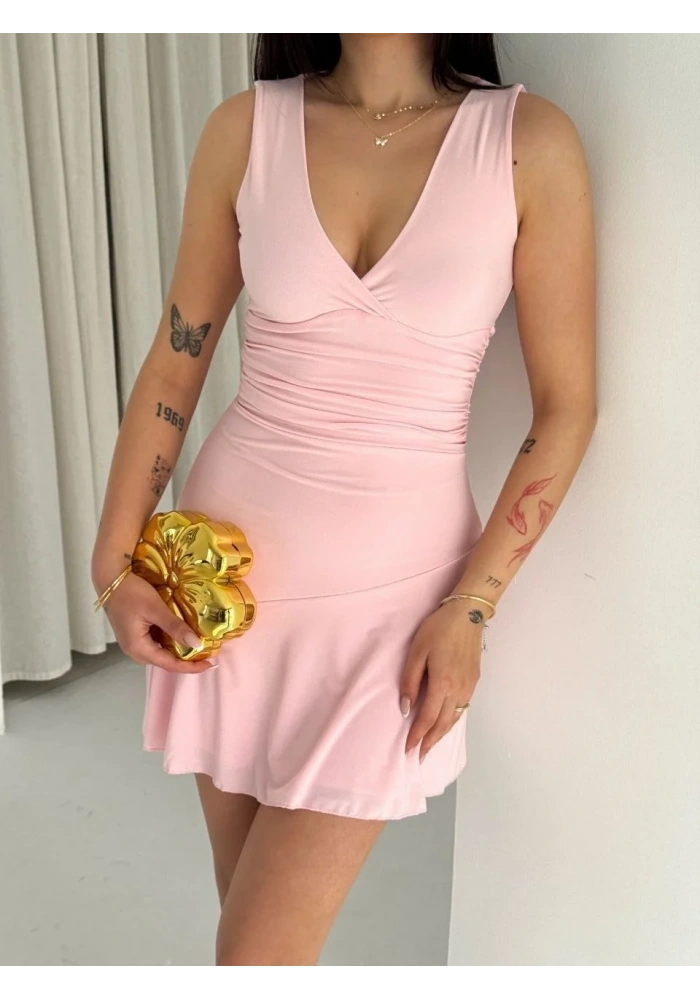 Kadın Derin V Yaka Sırt Dekolteli Mini Elbise Drapeli Şık Kolsuz - Pembe