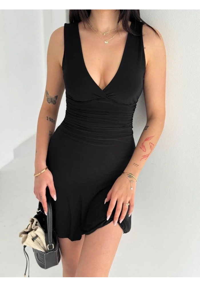 Kadın Derin V Yaka Sırt Dekolteli Mini Elbise Drapeli Şık Kolsuz - Siyah