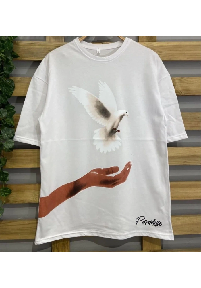 Kadın Dijital Baskılı T-Shirt - Beyaz
