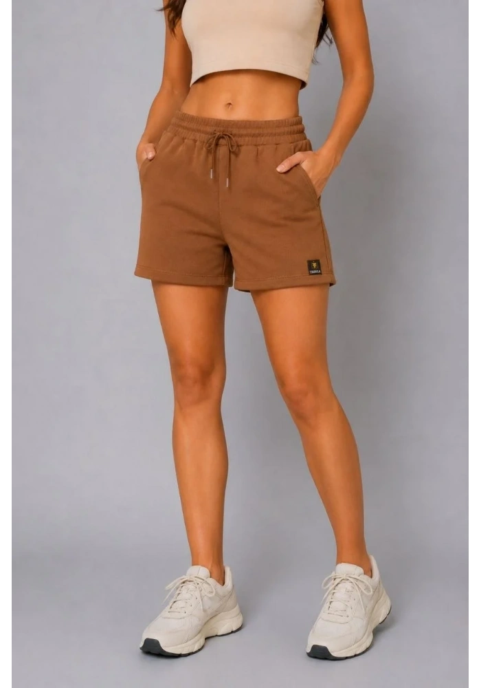 Kadın Dokuma Kumaş Cepli Bağcıklı Regular Fit Yazlık Şort - Kahverengi