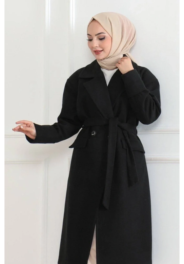 Kadın Düğmeli İçi Astarlı Kaşmir Kaşe Kaban - Siyah