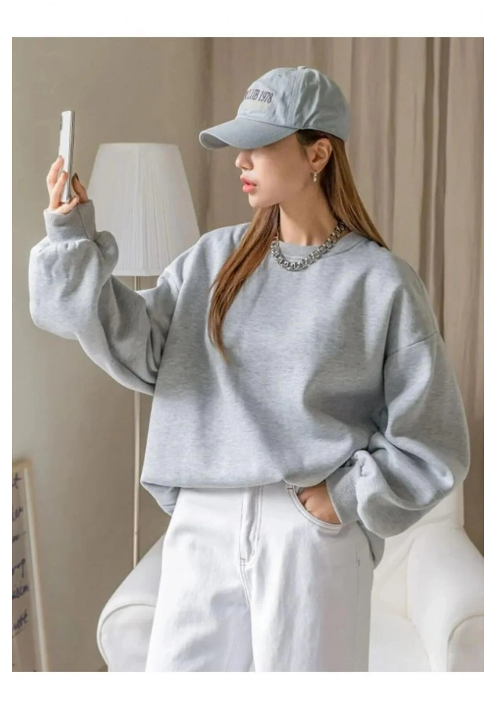 Kadın Düz Bisiklet Yaka Sweat - Gri