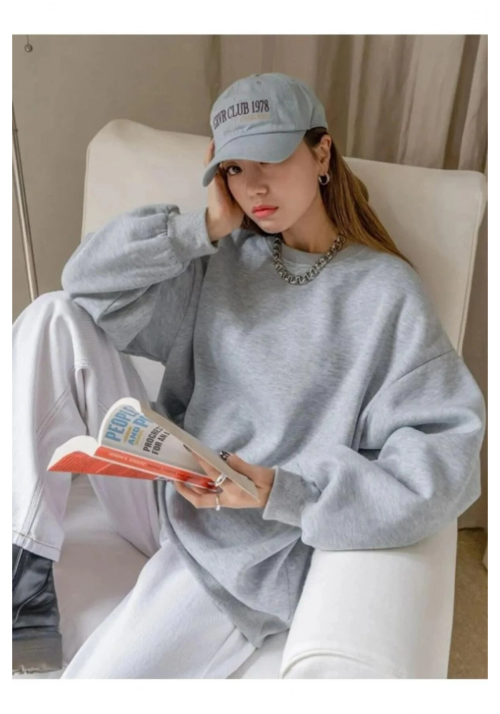 Kadın Düz Bisiklet Yaka Sweat - Gri