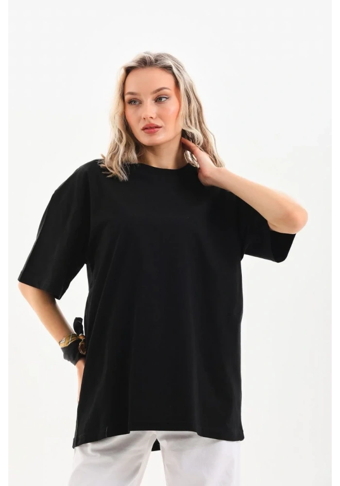 Kadın Düz  Kısa kol Penye T-shirt - Siyah