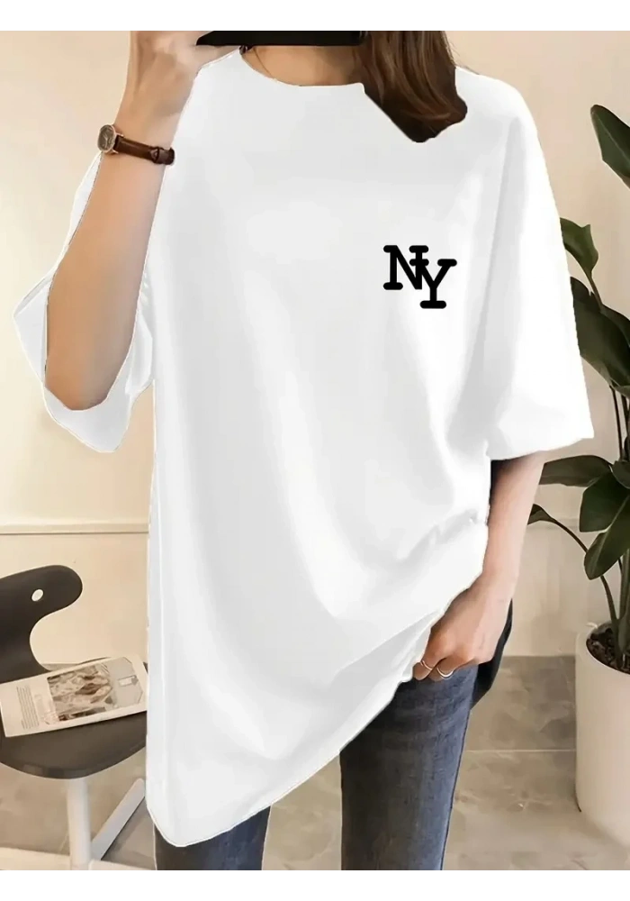 Kadın T-shirt Eğlenceli Harf NY Baskılı Bisiklet Yaka Tişört - Beyaz
