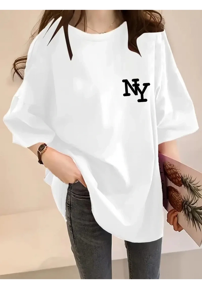 Kadın Eğlenceli Harf NY Baskılı Bisiklet Yaka Tişört - Polyester Makinede - Beyaz