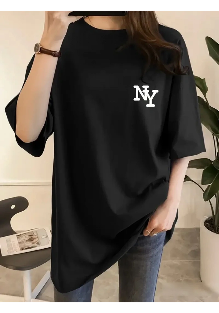Kadın Eğlenceli Harf NY Baskılı Bisiklet Yaka Tişört - Polyester Makinede - Siyah
