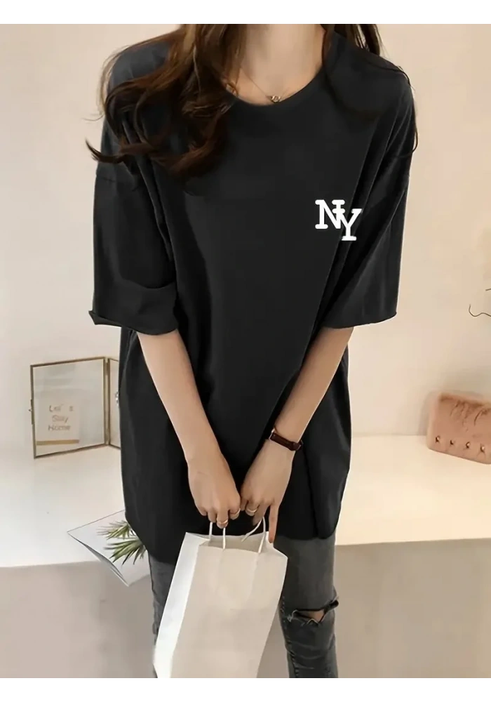 Kadın T-shirt Bisiklet yaka  NY Baskılı kısa kol Tişört - Siyah