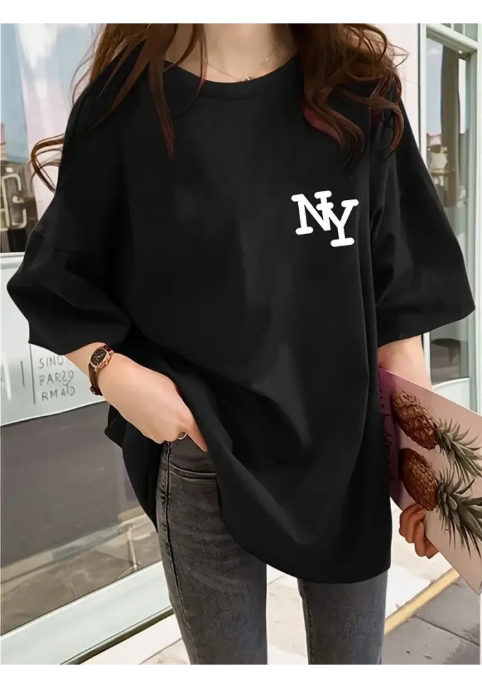 Kadın T-shirt Bisiklet yaka  NY Baskılı kısa kol Tişört - Siyah