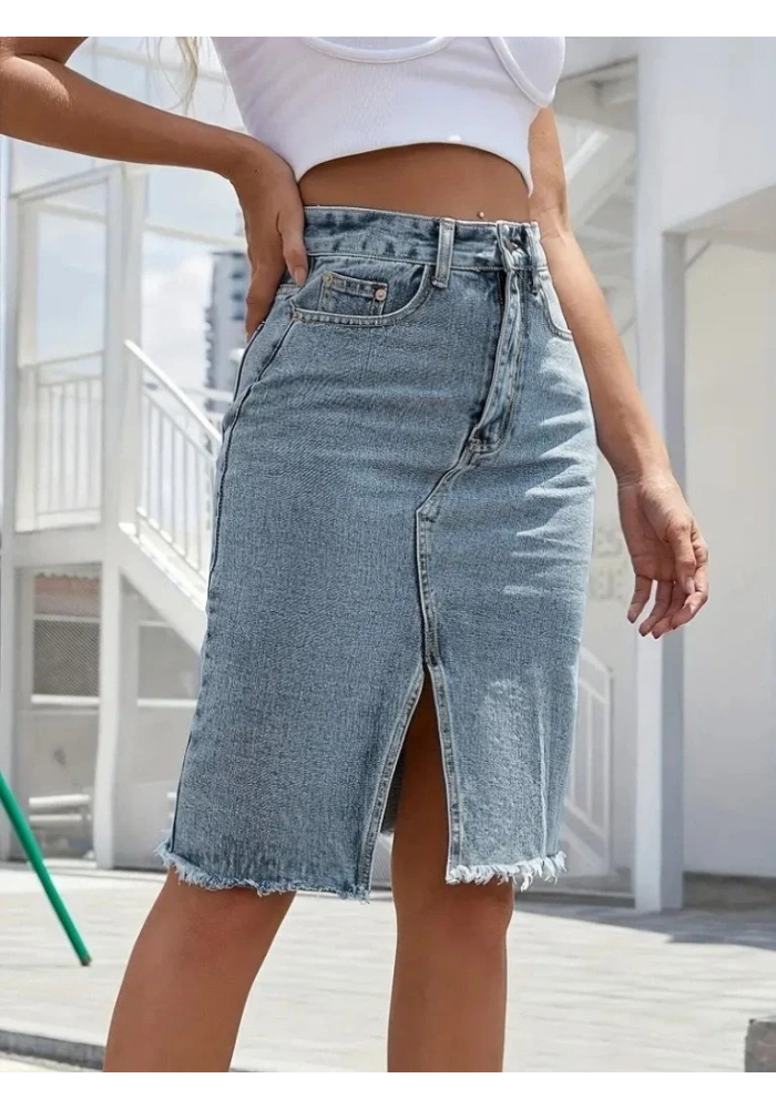 Kadın Elastik Bel Yırtık Kenar Detaylı Kot Etek