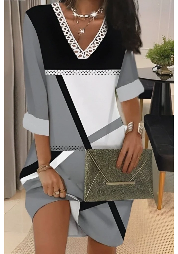 Kadın Fakir Kollu V Dantel Yaka Geometrik Desenli Dalgıç Elbise