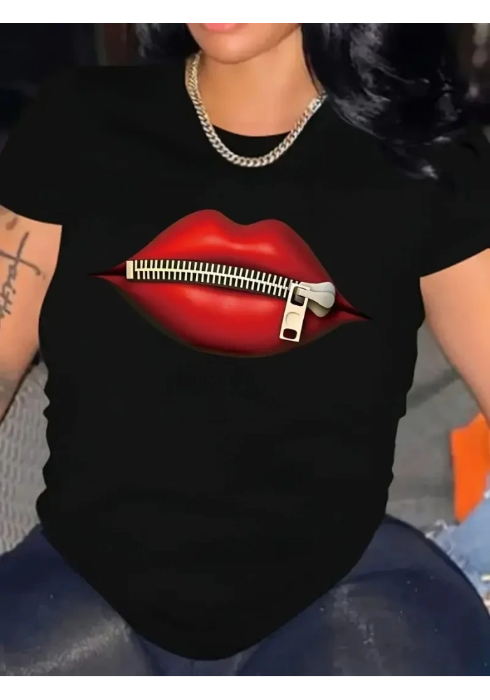 Kadın Kısa Kol Yazlık Tişört Bisiklet Yaka Dudak Baskılı T-Shirt - Siyah