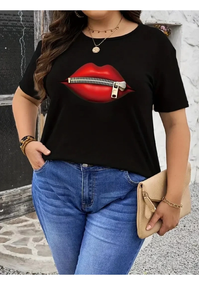 Kadın Kısa Kol Yazlık Tişört Bisiklet Yaka Dudak Baskılı T-Shirt - Siyah