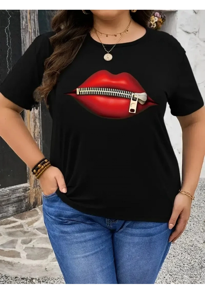 Kadın Kısa Kol Yazlık Tişört Bisiklet Yaka Dudak Baskılı T-Shirt - Siyah