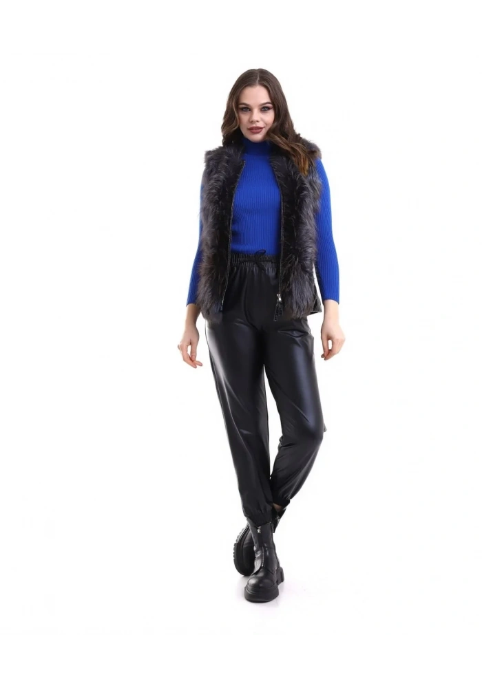 Kadın Fermuarlı Koyun Derisi Tilki Kürkü - Siyah