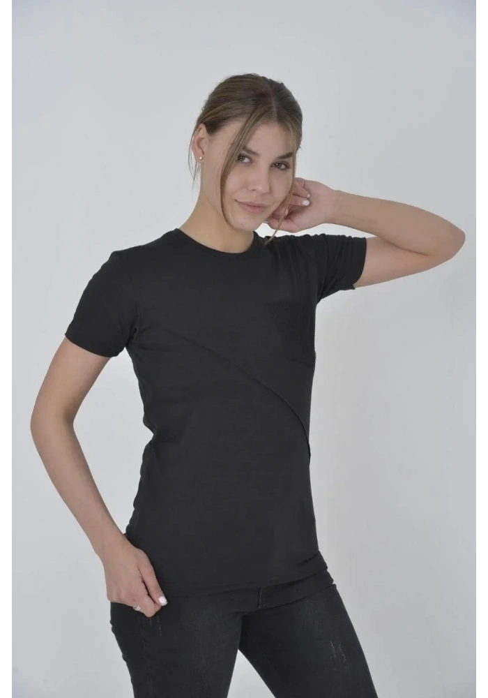 Kadın File Cepli Slim fit T-shirt - Siyah