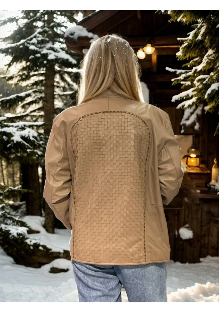 Kadın Fileli Deri Ceket - Krem