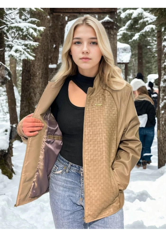 Kadın Fileli Deri Ceket - Krem